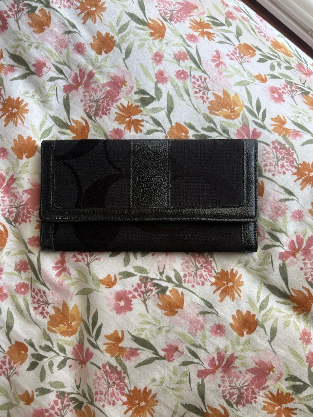 Vintage Coach Black Leather Signature Canvas C Pattern Tri Fold Wallet Y2K